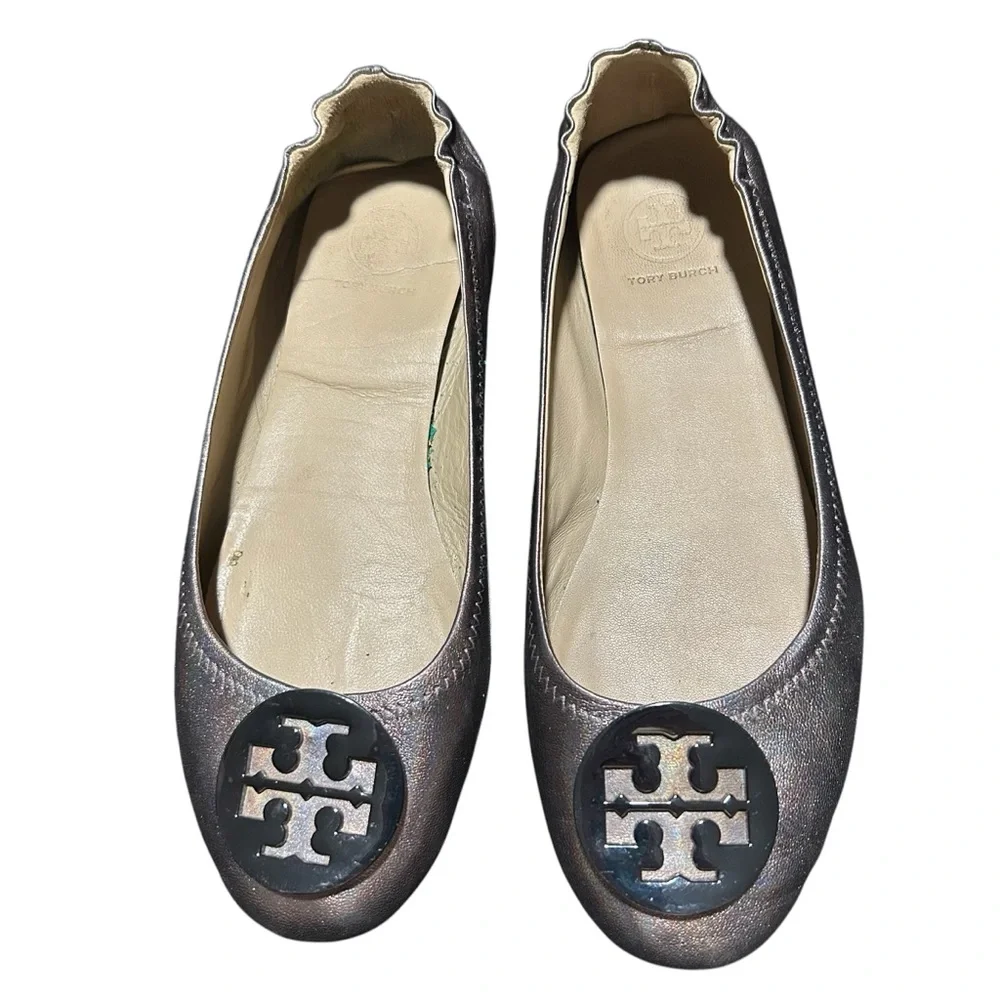 Tory Burch Gunmetal Minnie Travel Ballet Flats with Logo - Size 8